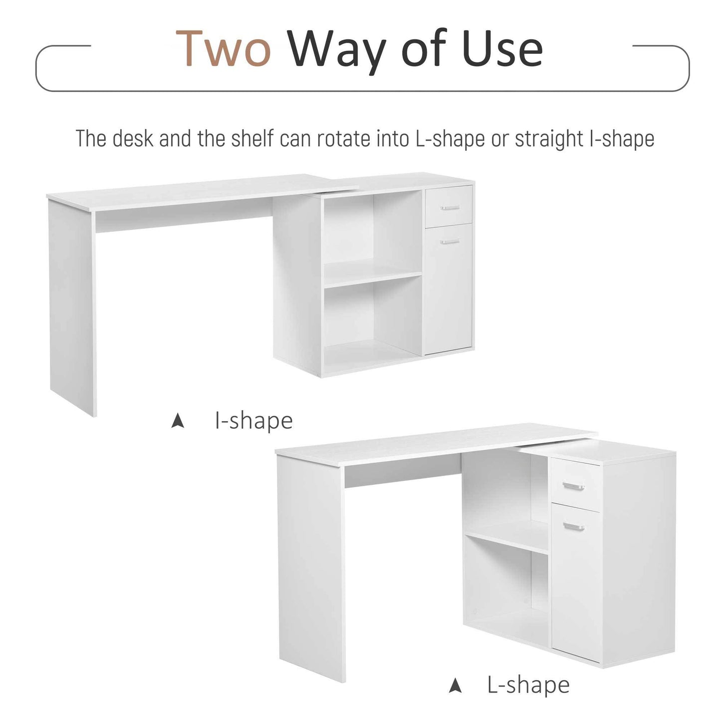 L-Shaped White Computer Desk With Rotating Shelves And Drawer