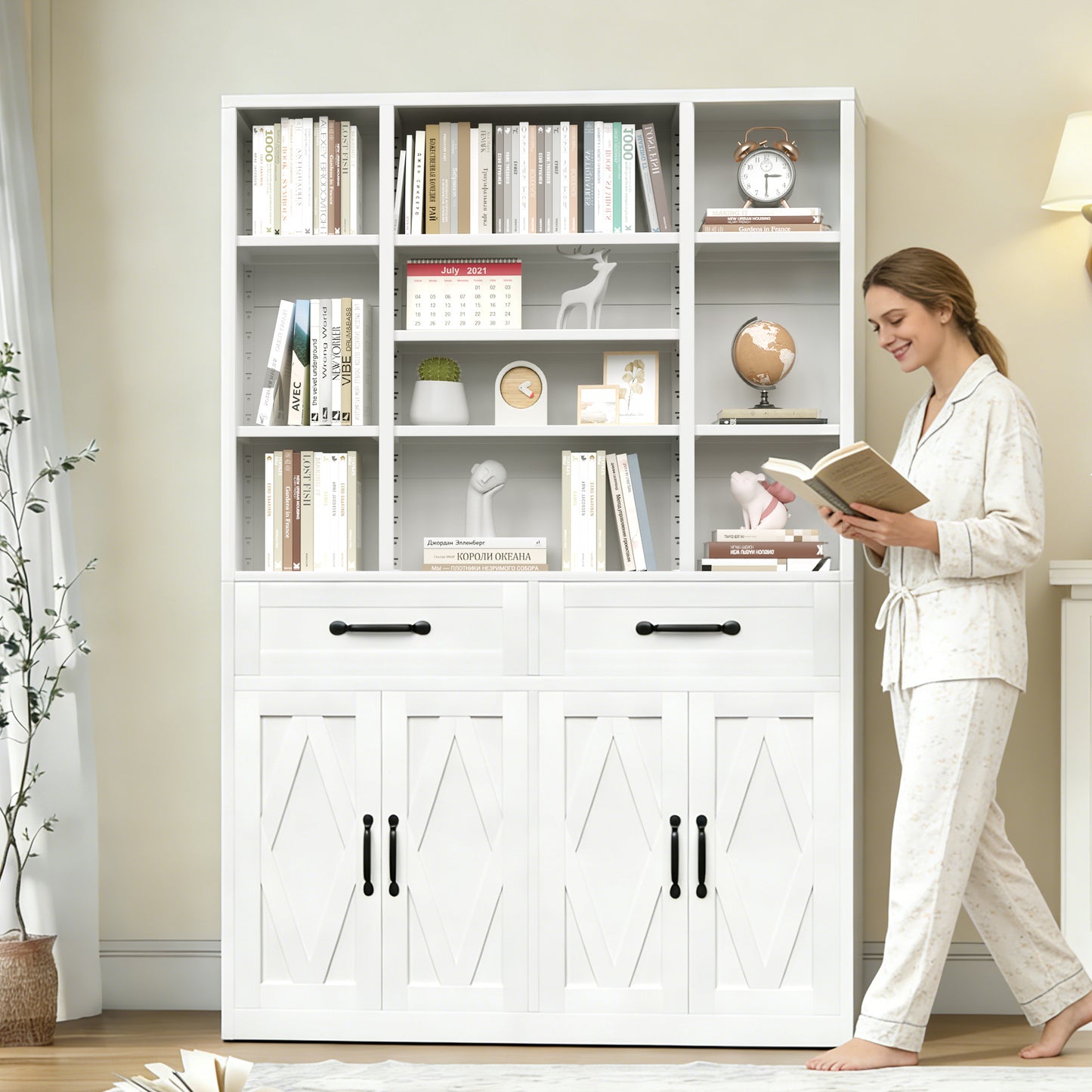 71 Tall Bookcase With Doors, Drawers & Adjustable Open Shelves,