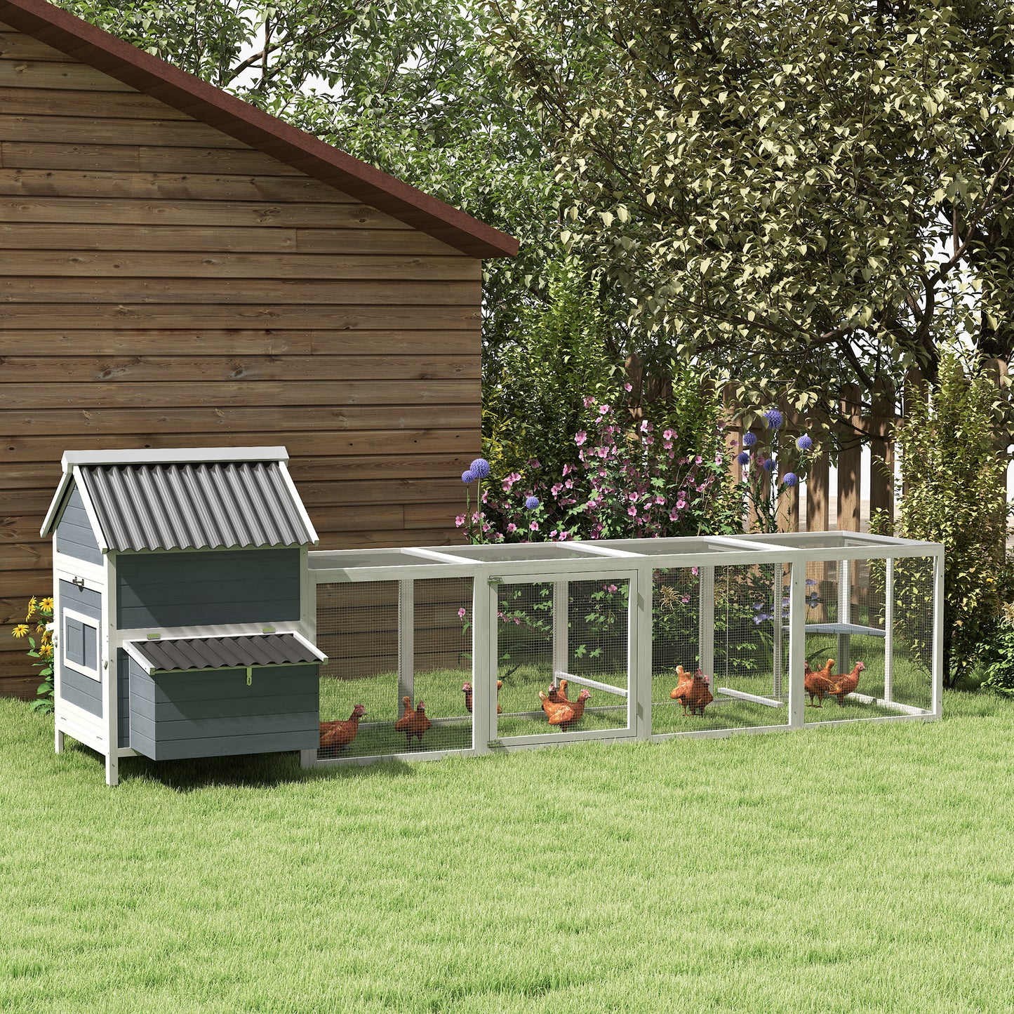 156" Extra Large Wooden Chicken Coop with 2 Nesting Box, Run Cage, Waterproof Wave Roof, for 10-15 Chickens