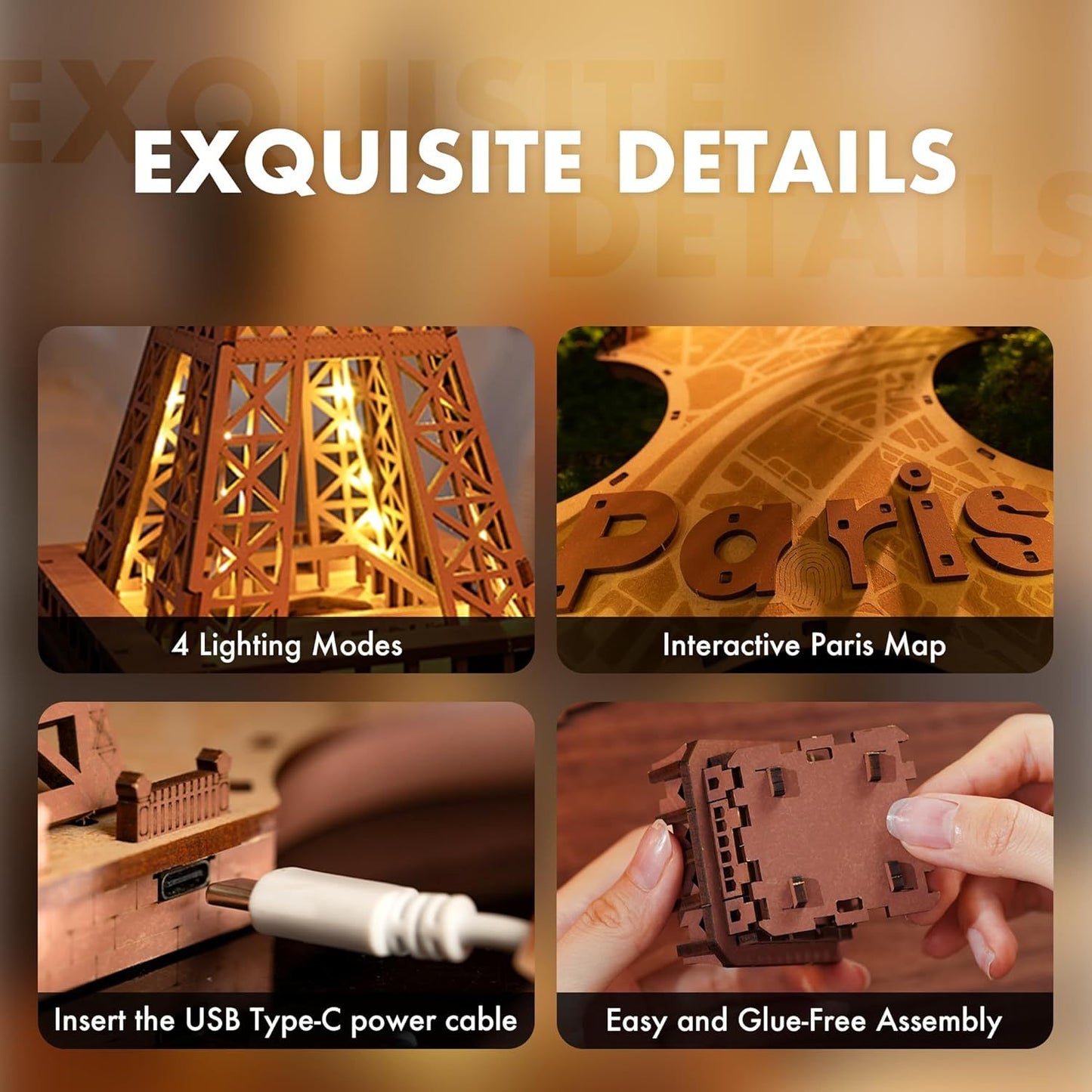 Eiffel Tower Large Wooden Puzzle With 4 Light Shows STEM Kit