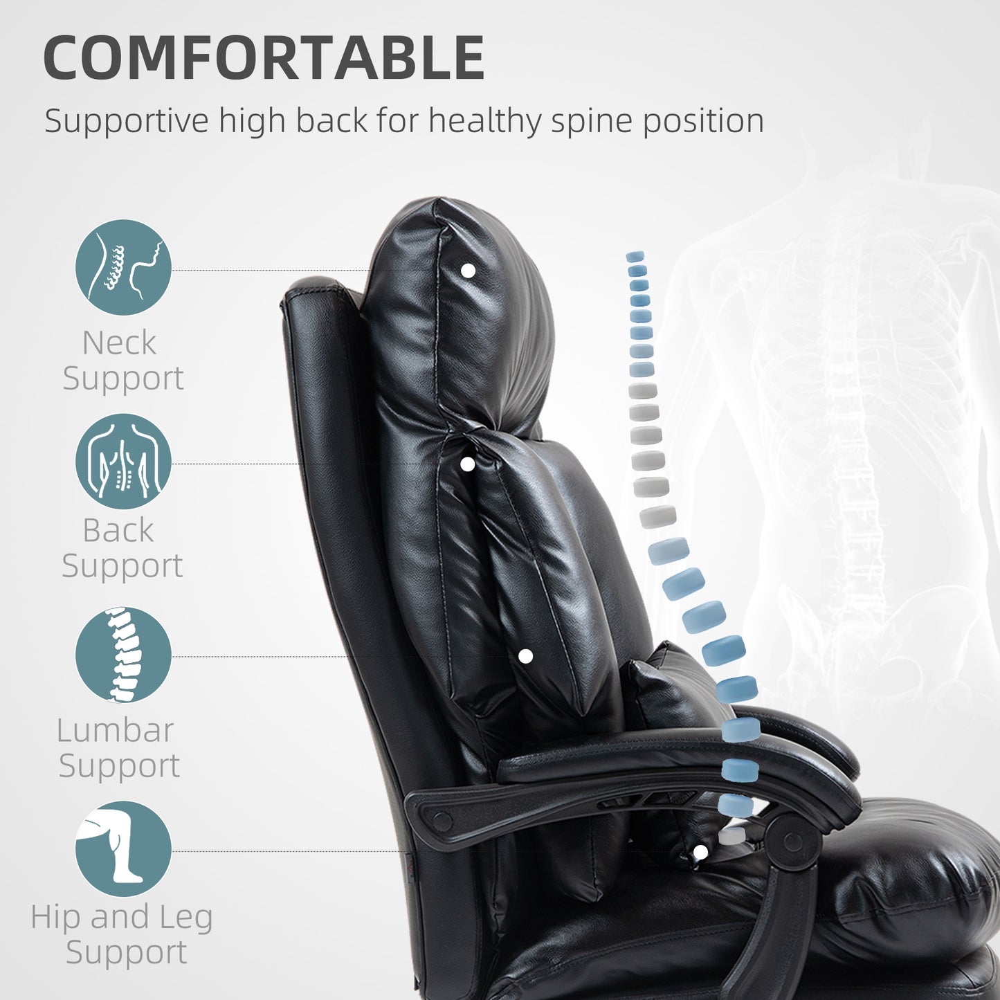 High Back Desk Chair With Foot Rest, Reclining PU Leather Computer Chair
