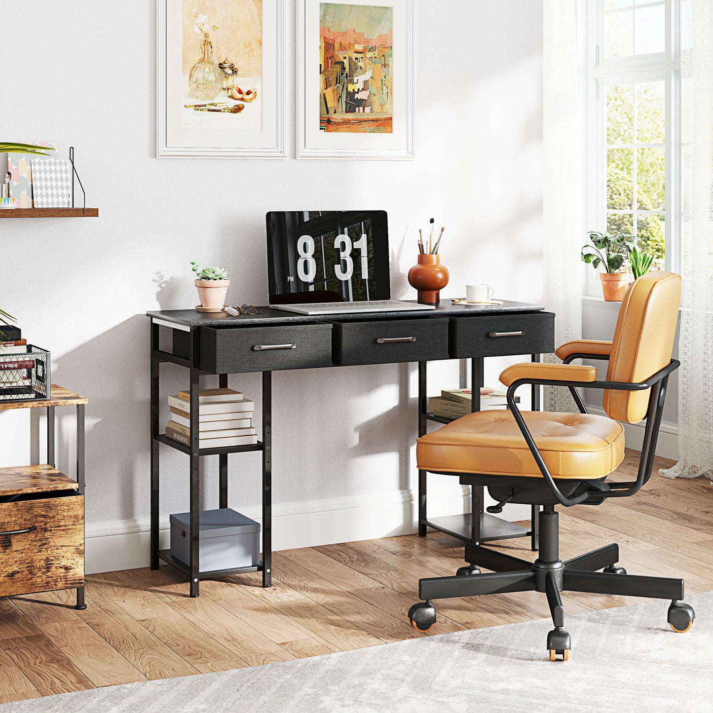 Desk With Adjustable Shelves, Black