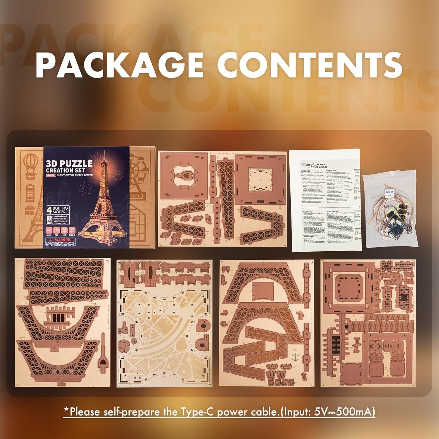 Eiffel Tower Large Wooden Puzzle With 4 Light Shows STEM Kit