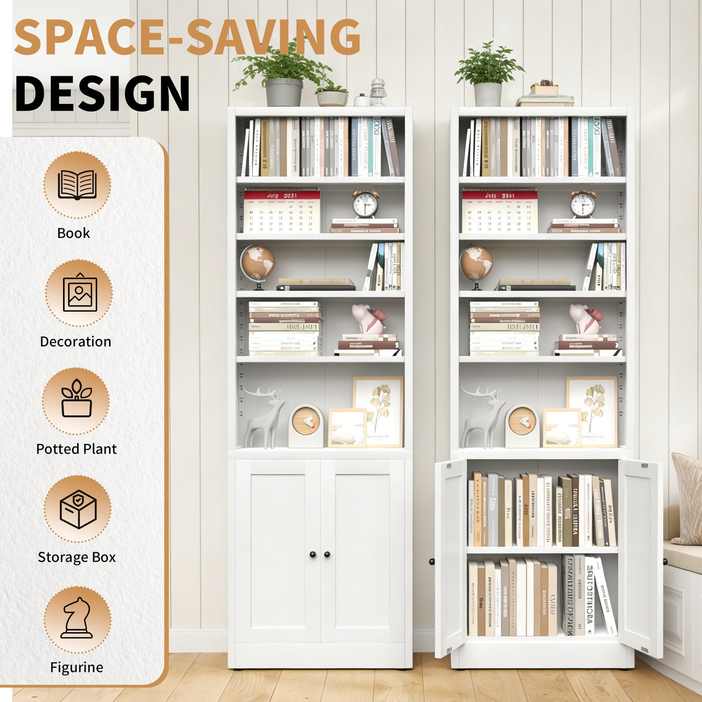 Metal Bookcase, 71 Inch Tall 5-Tier Bookshelf With Door,