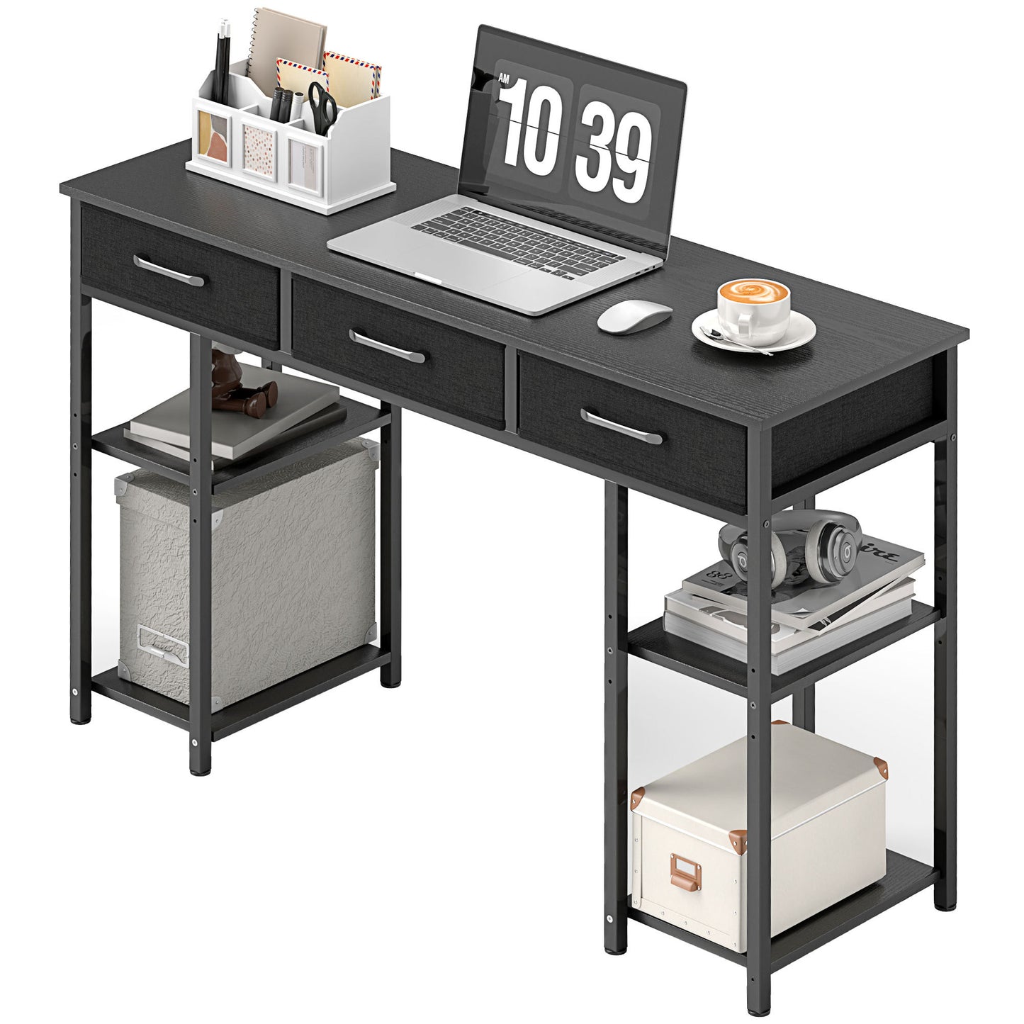 Desk With Adjustable Shelves, Black