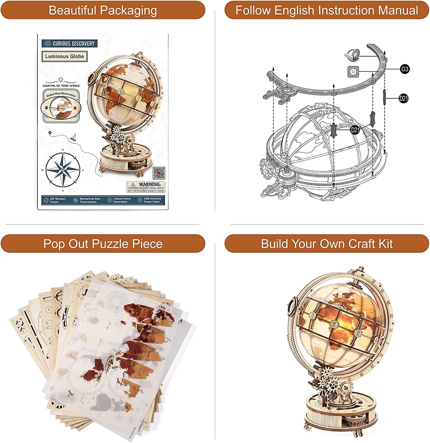 Luminous Globe 3D Wooden Puzzle STEM Kit