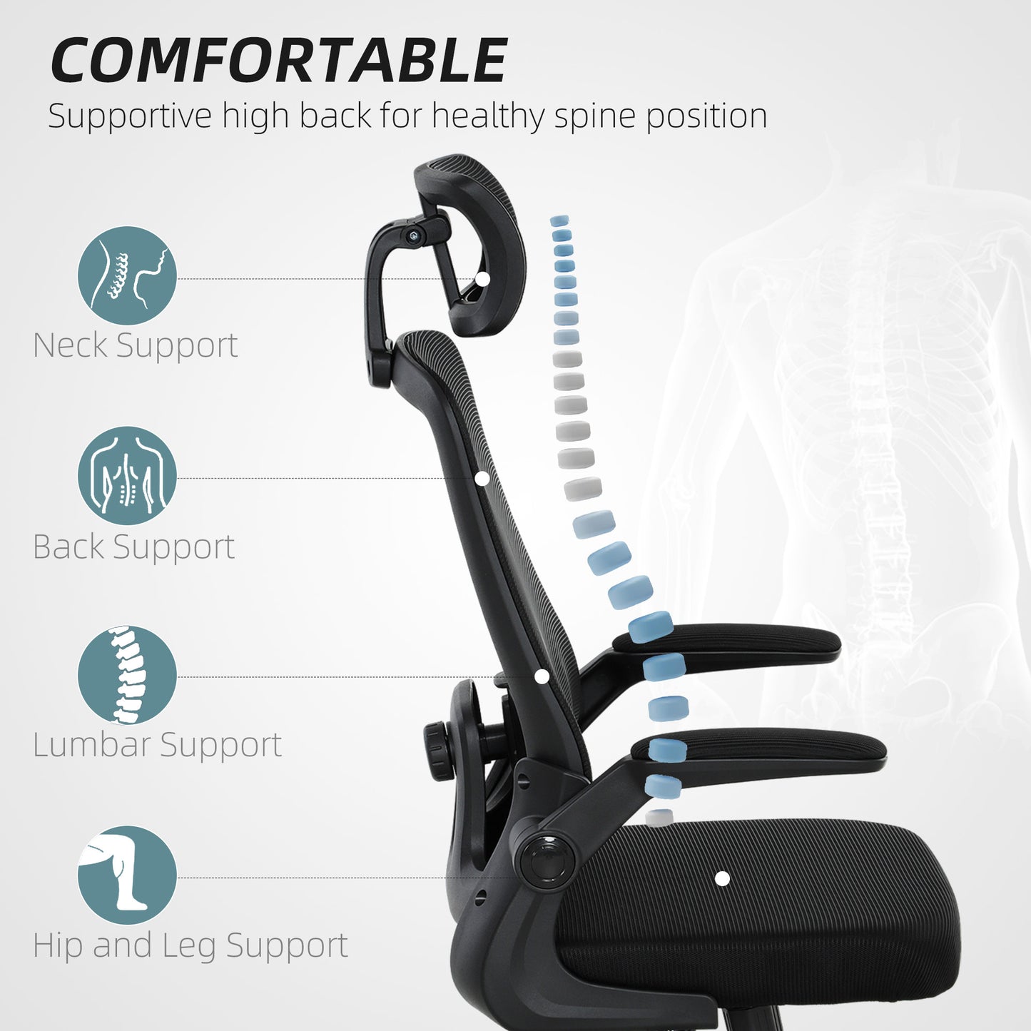 Mesh Office Chair, With Flip-up Armrest, Rotatable Headrest, Adjustable Lumbar Support
