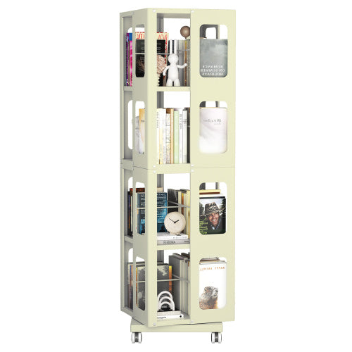 4-Tier All-Steel Rotating Bookshelf With 360 Wheels, Large Size Sturdy Spacious Book Rack, New Style White Bookshelf,Easy Assembly