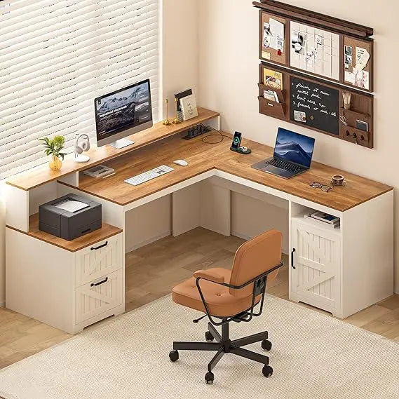 Farmhouse L Shaped Executive Desk with Drawers & Storage Shelf