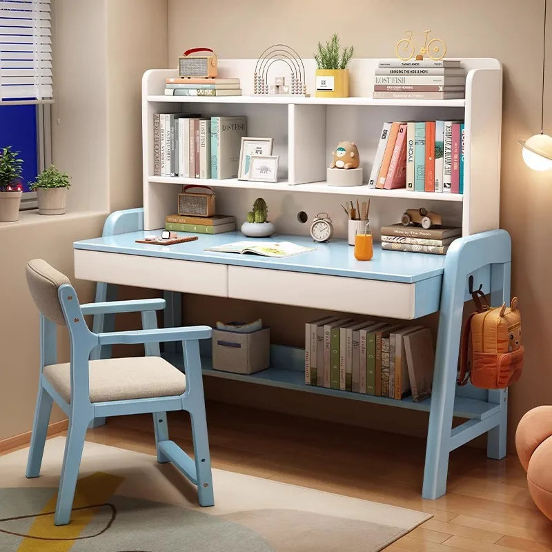 Solid wood desk bookshelf integrated with chair