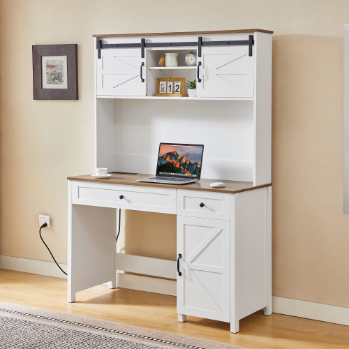 Farmhouse Style Office Desk With Charging Station