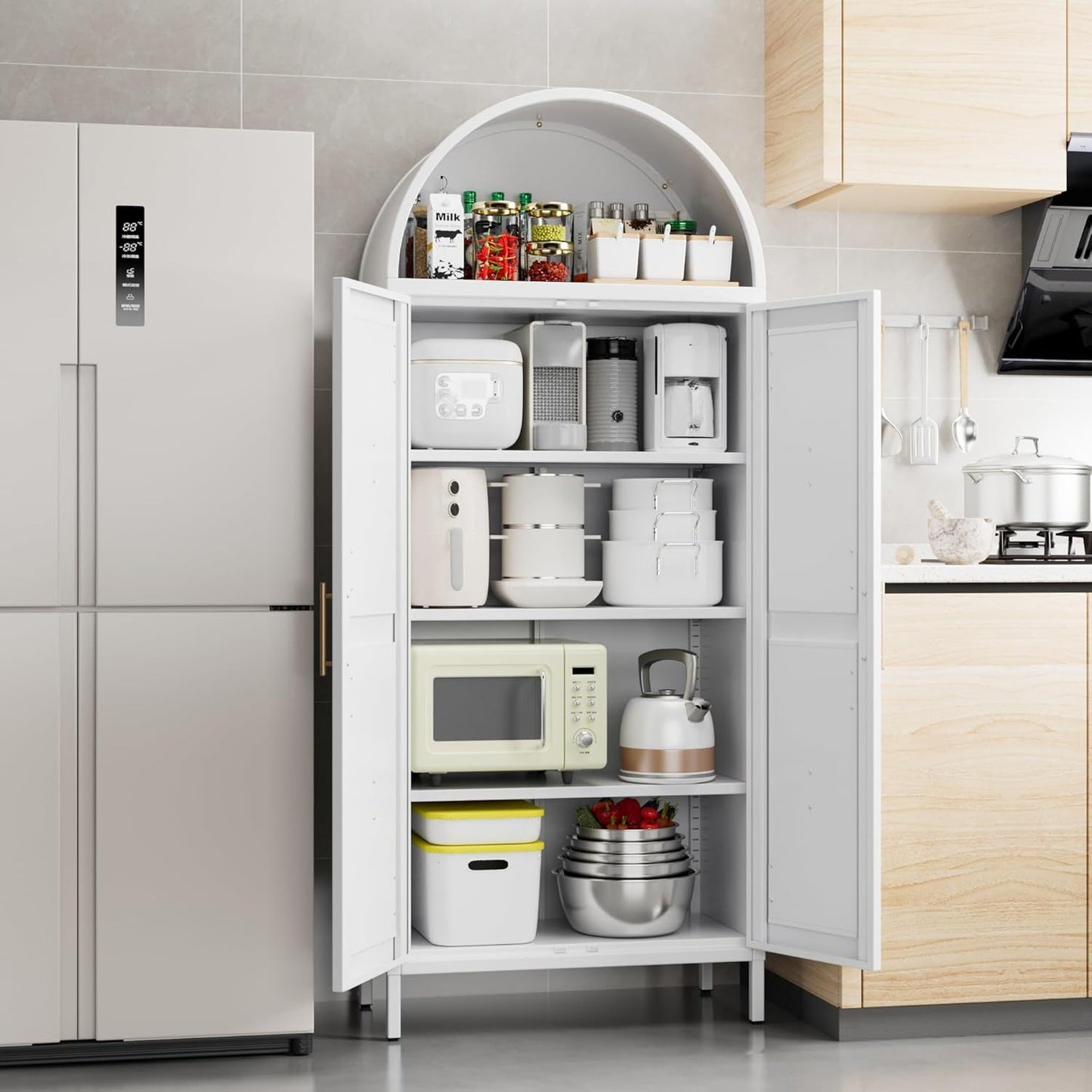 Tall Arched Storage Cabinet With Doors And Shelves