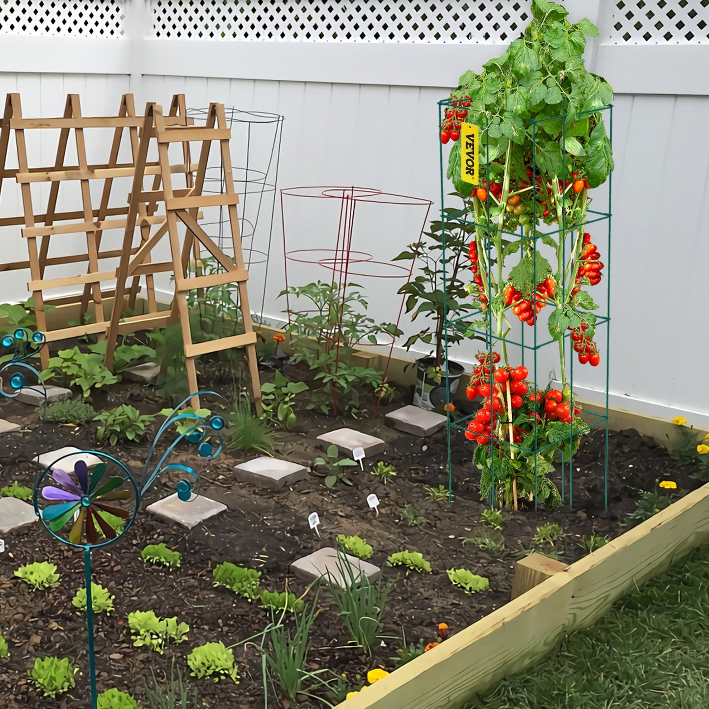VEVOR Tomato Cages, 10 Packs Square Plant Support Cages, Green PVC-Coated Steel Tomato Towers For Climbing Vegetables, Plants, Flowers, Fruits Garden