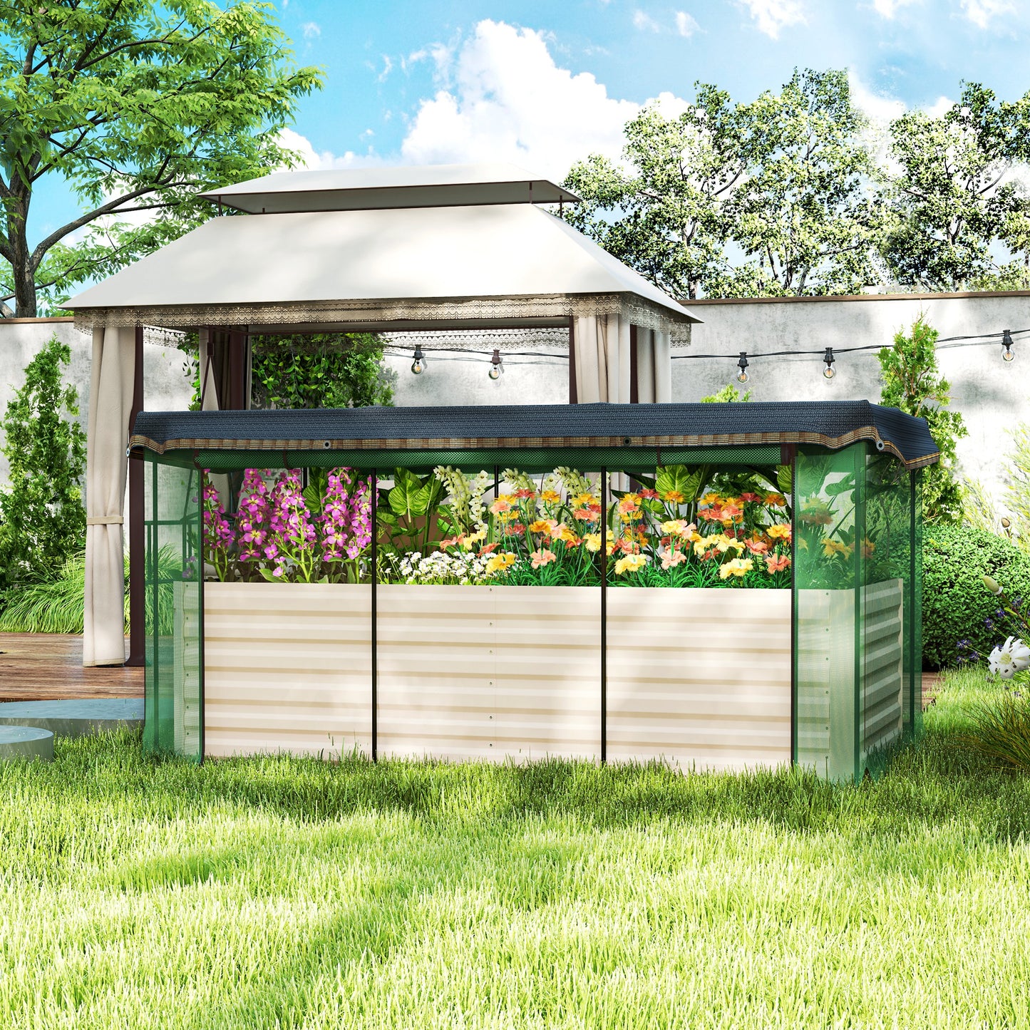 Galvanized Steel Planter Box with Crop Cage and Shade Cloth, Raised Garden Bed