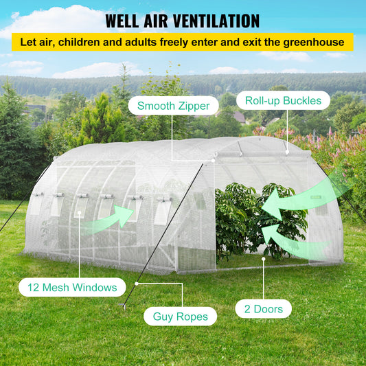 VEVOR Walk-in Tunnel Greenhouse, 20 X 10 X 7 Ft Portable Plant Hot House W Galvanized Steel Hoops, White