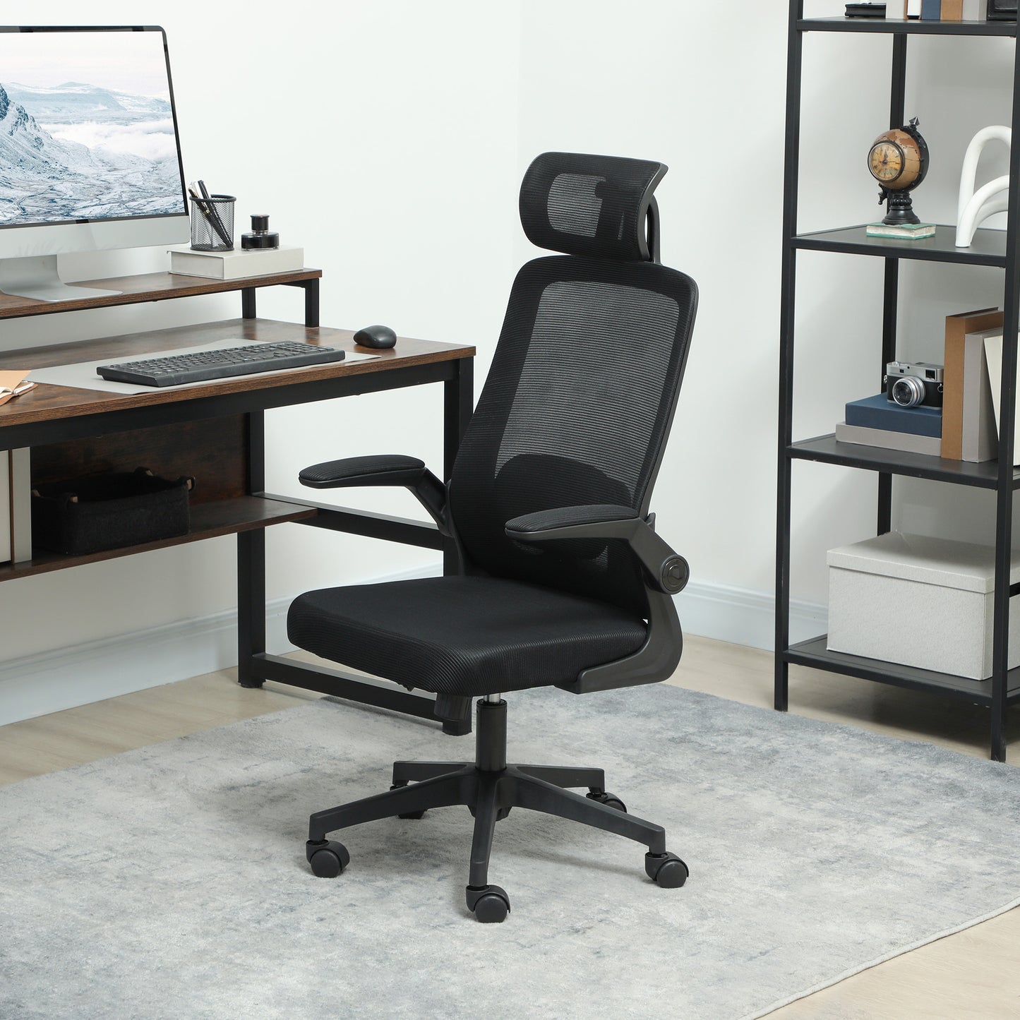 Mesh Office Chair, With Flip-up Armrest, Rotatable Headrest, Adjustable Lumbar Support