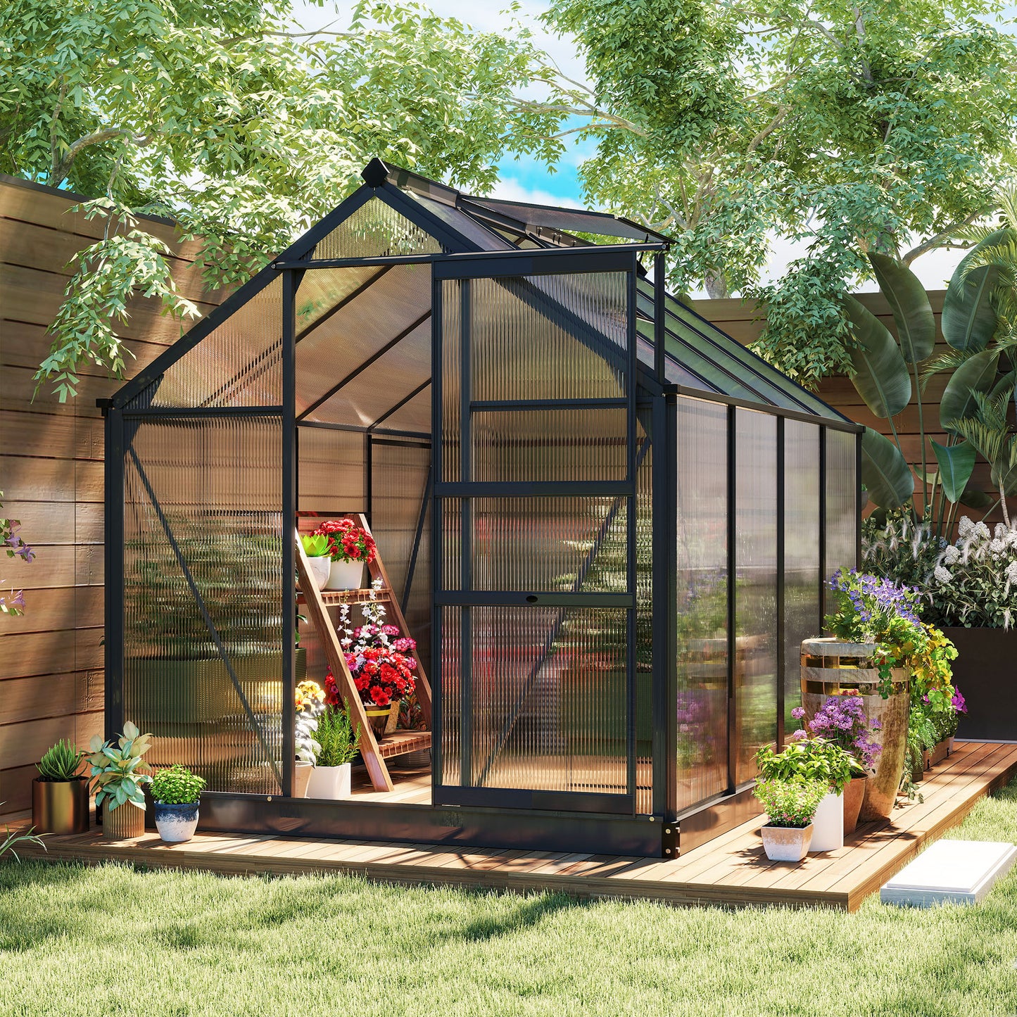 Polycarbonate Greenhouse, Heavy Duty Outdoor Aluminum Walk-in Green House Kit Vent Door