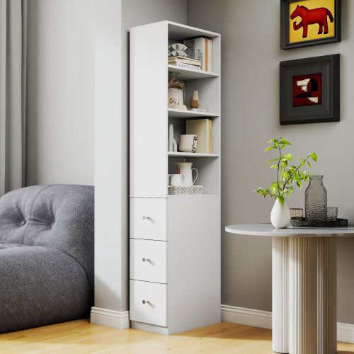 -Tier Shelf, 3 Side Drawers , Modern Wooden Tall Bookshelf Bookcase
