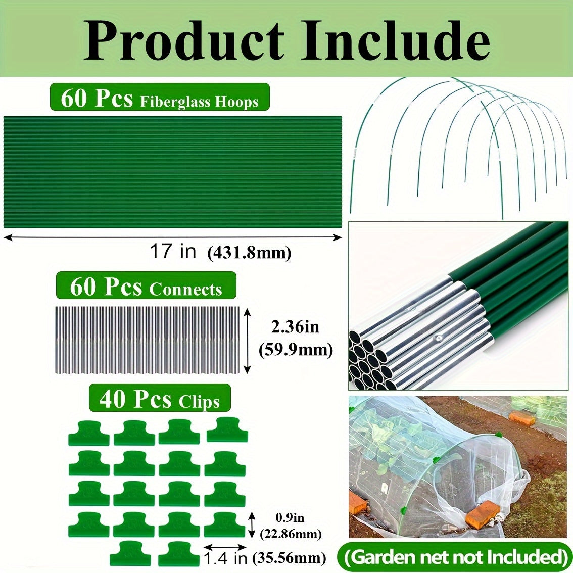 Garden Hoops Stainless Steel Fiberglass Support Hoop Frame Net Greenhouse Kit