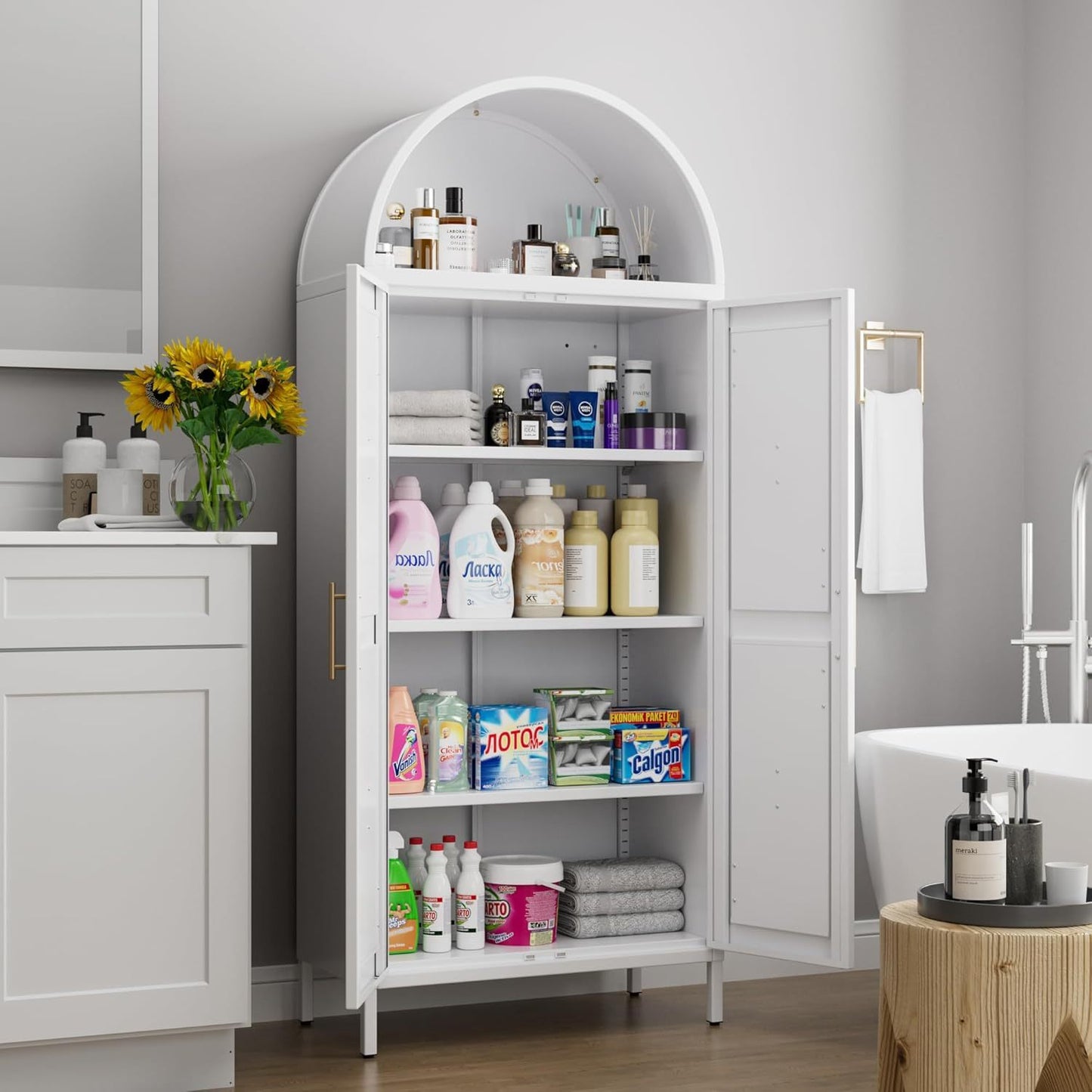 Tall Arched Storage Cabinet With Doors And Shelves