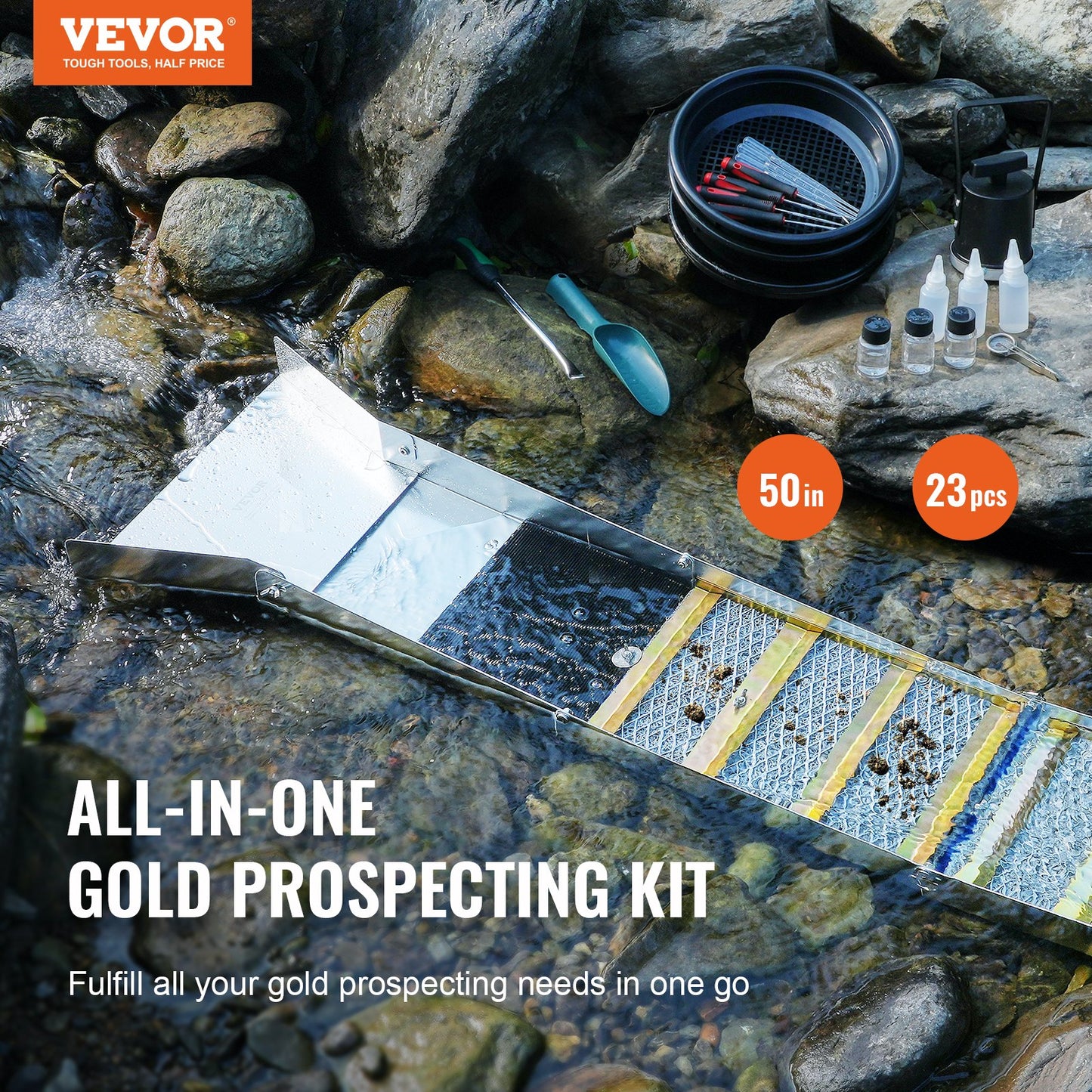 50 Inch Folding Sluice Box Gold Panning Kit, 23pc Gold Prospecting Equipment Kit With Gold Pan, Classifier Screen, Separating Magnet, Backpack And More stem