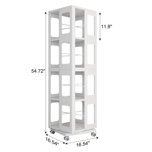4-Tier All-Steel Rotating Bookshelf With 360  Wheels, Large Size Sturdy   Spacious Book Rack, New Style White Bookshelf,Easy Assembly