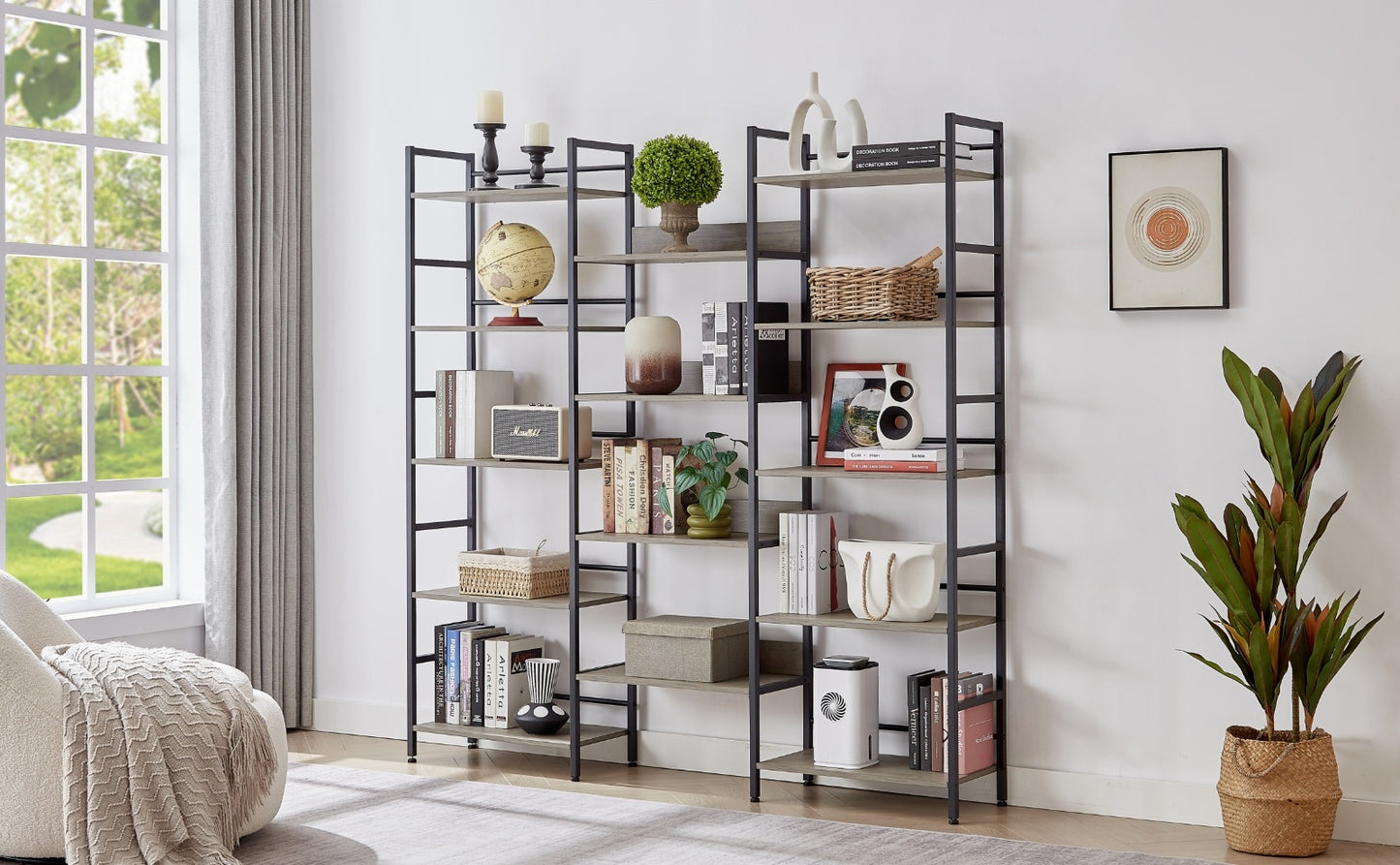 Triple Wide 5-Shelf Industrial Retro Bookshelves