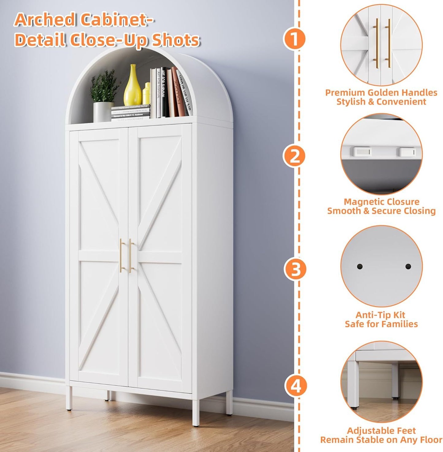 Tall Arched Storage Cabinet With Doors And Shelves