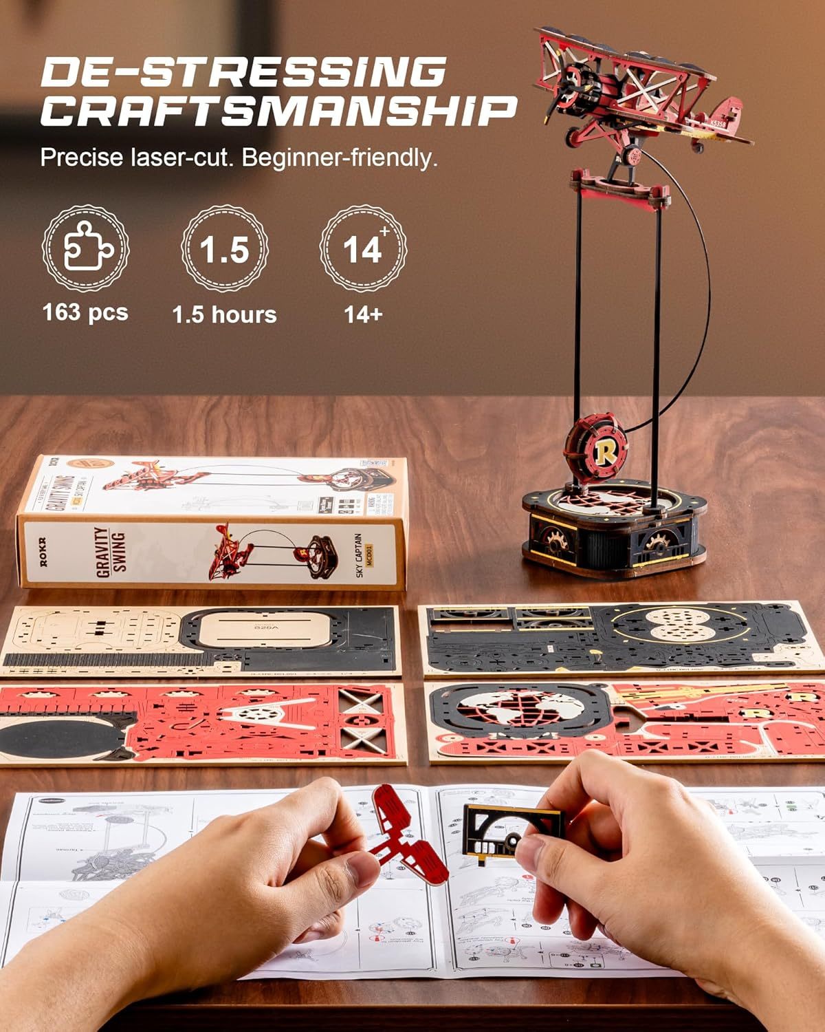 3D Wooden Puzzle Kit - Gravity Swing Series Gladiator Fighter With Moving Mechanism STEM Kit