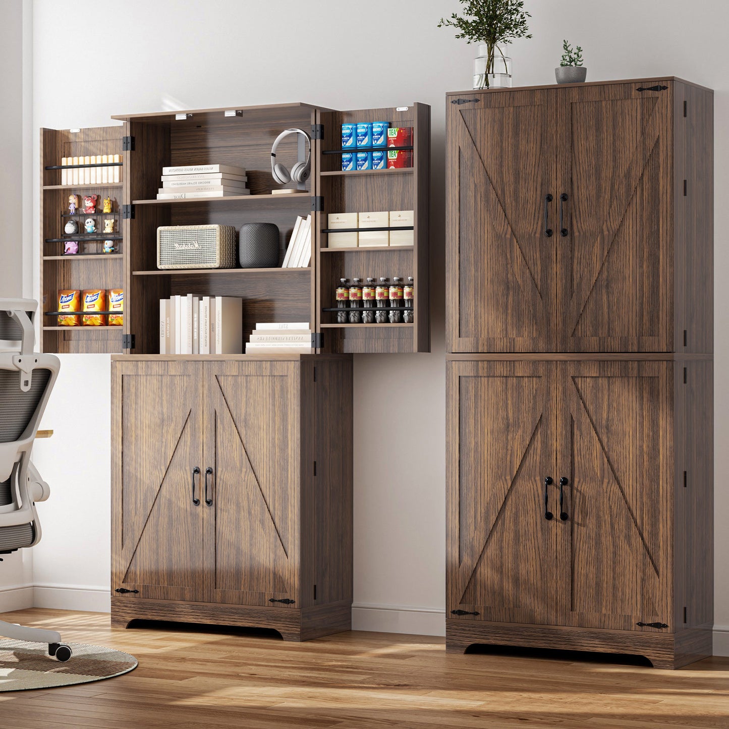 Tall Wooden Storage Cabinet With 4 Barn Doors