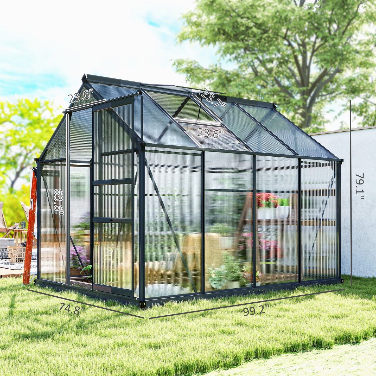 Polycarbonate Greenhouse, Heavy Duty Outdoor Aluminum Walk-in Green House Kit Vent Door