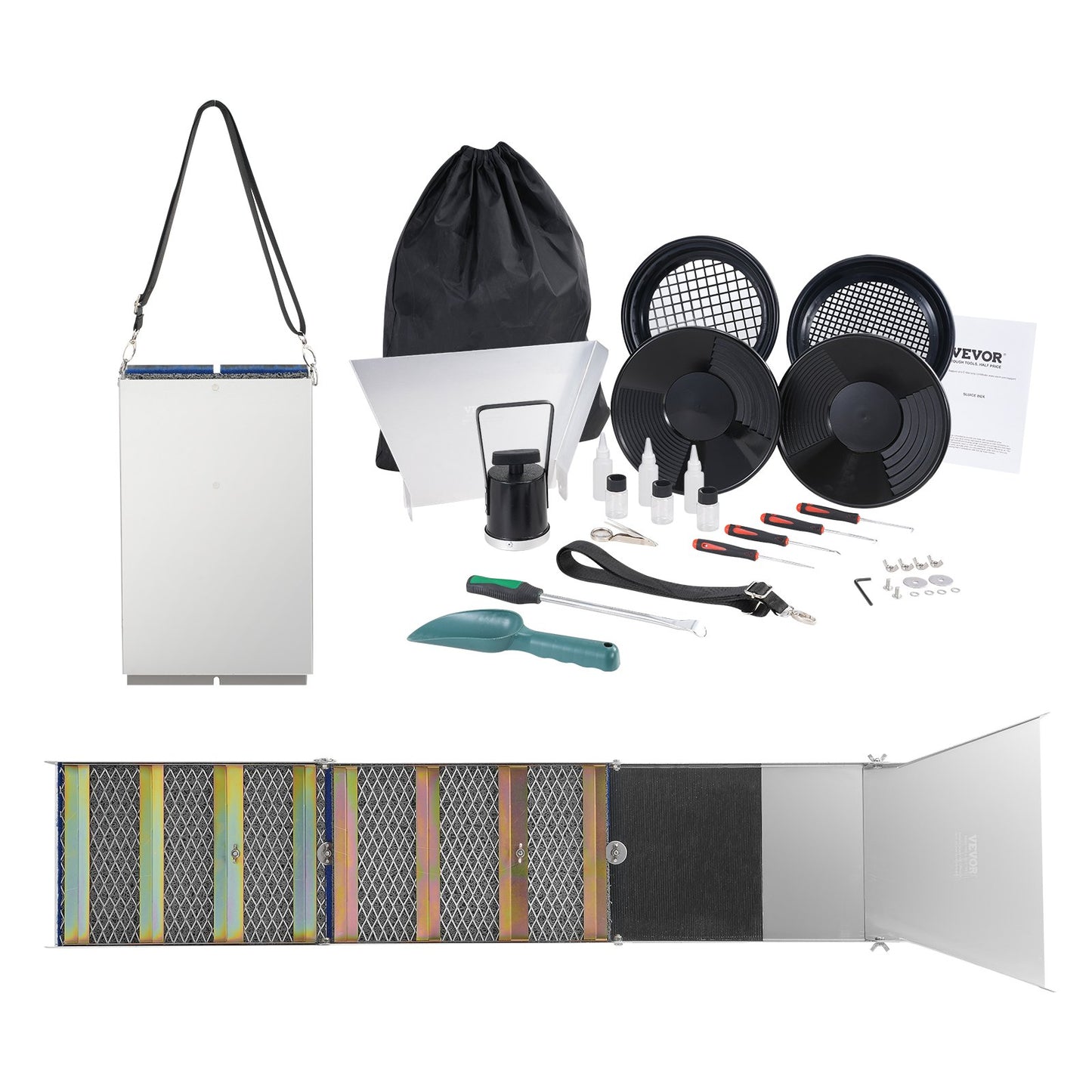 50 Inch Folding Sluice Box Gold Panning Kit, 23pc Gold Prospecting Equipment Kit With Gold Pan, Classifier Screen, Separating Magnet, Backpack And More stem