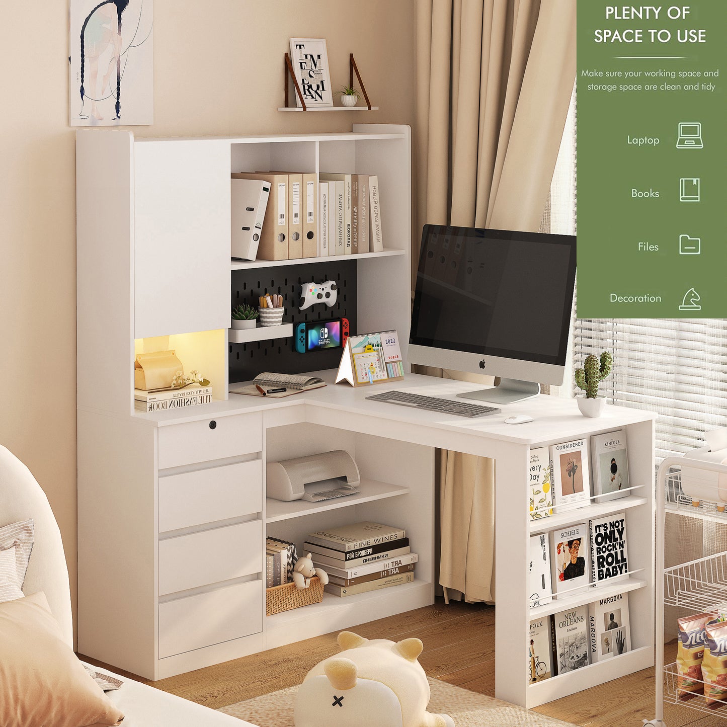 L Shaped Desk With Charger, Computer Desk With Drawers, Bookshelf, with LED Light,