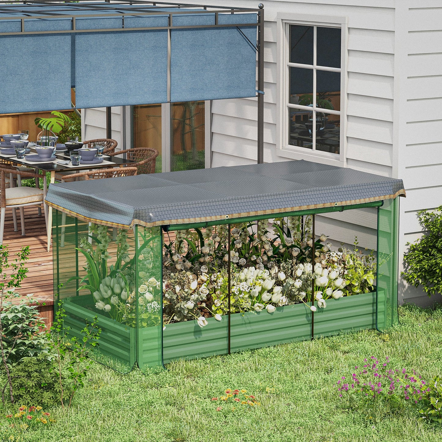 Galvanized Steel Planter Box with Crop Cage and Shade Cloth, Raised Garden Bed