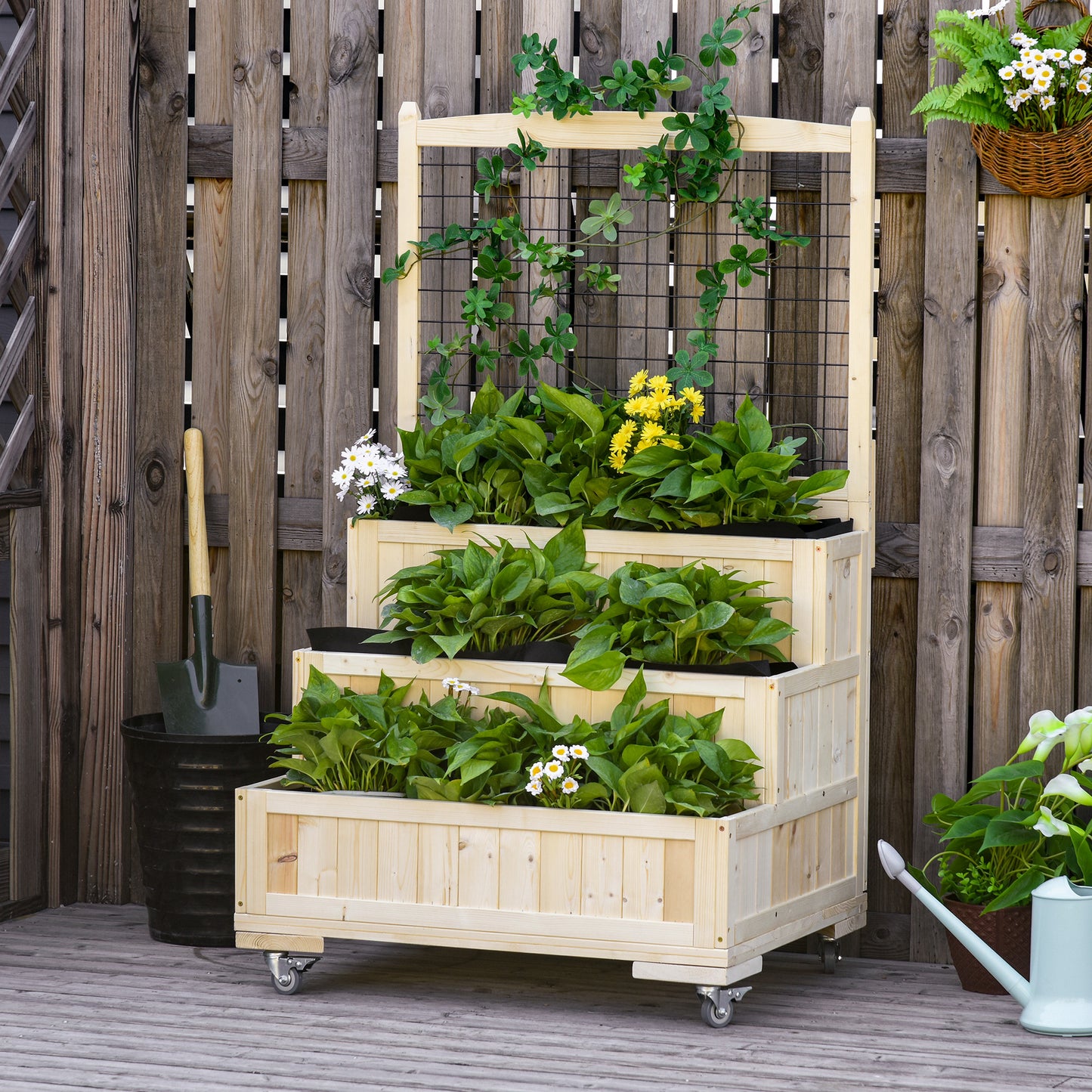 3-Tiers Raised Garden Bed with Trellis, 53" H Vertical Planter Box with Wheels & Back Storage Area