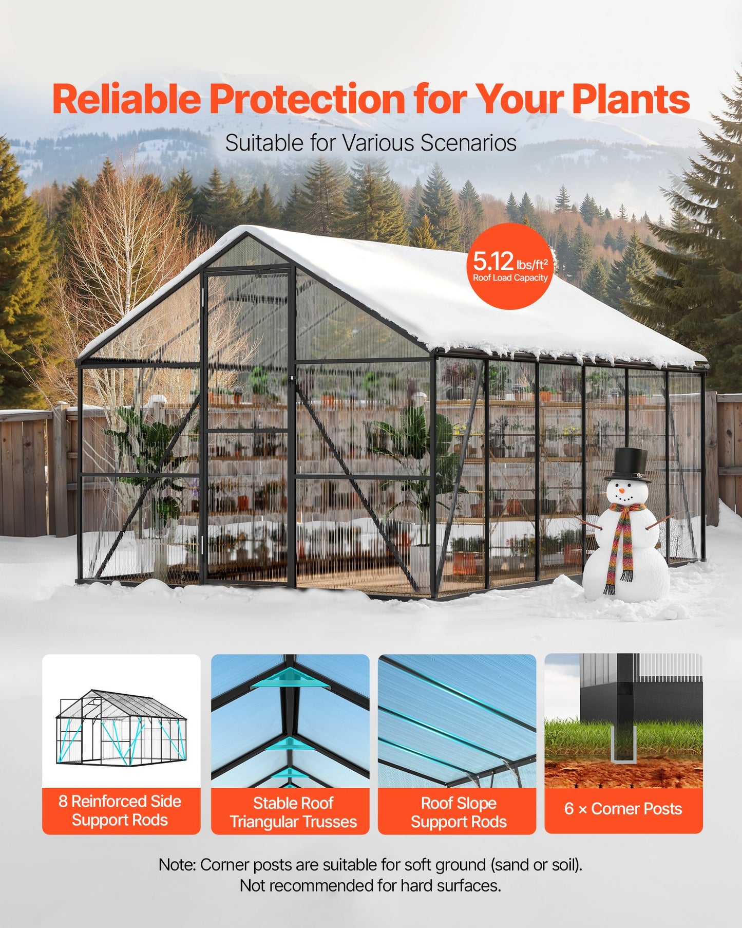 8 X 12 FT Polycarbonate Greenhouse, Heavy Duty Outdoor Green House With Adjustable Vent & Push-Pull Lockable Door