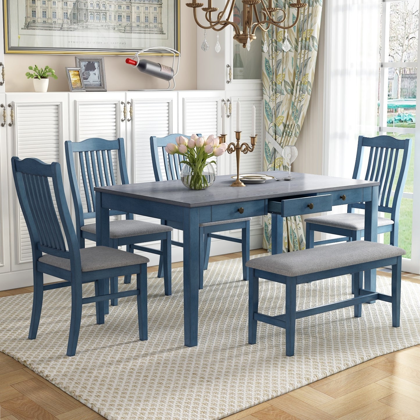 6-Piece Table Set With Drawer & Upholstered Chairs