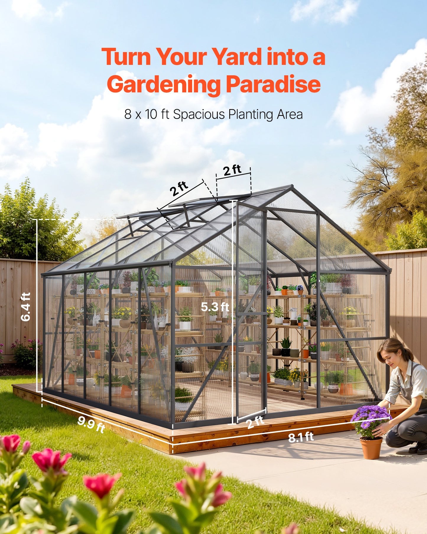 8 X 10 FT Polycarbonate Greenhouse, Heavy Duty Outdoor Green House With Adjustable Vents & Push-Pull Lockable Door
