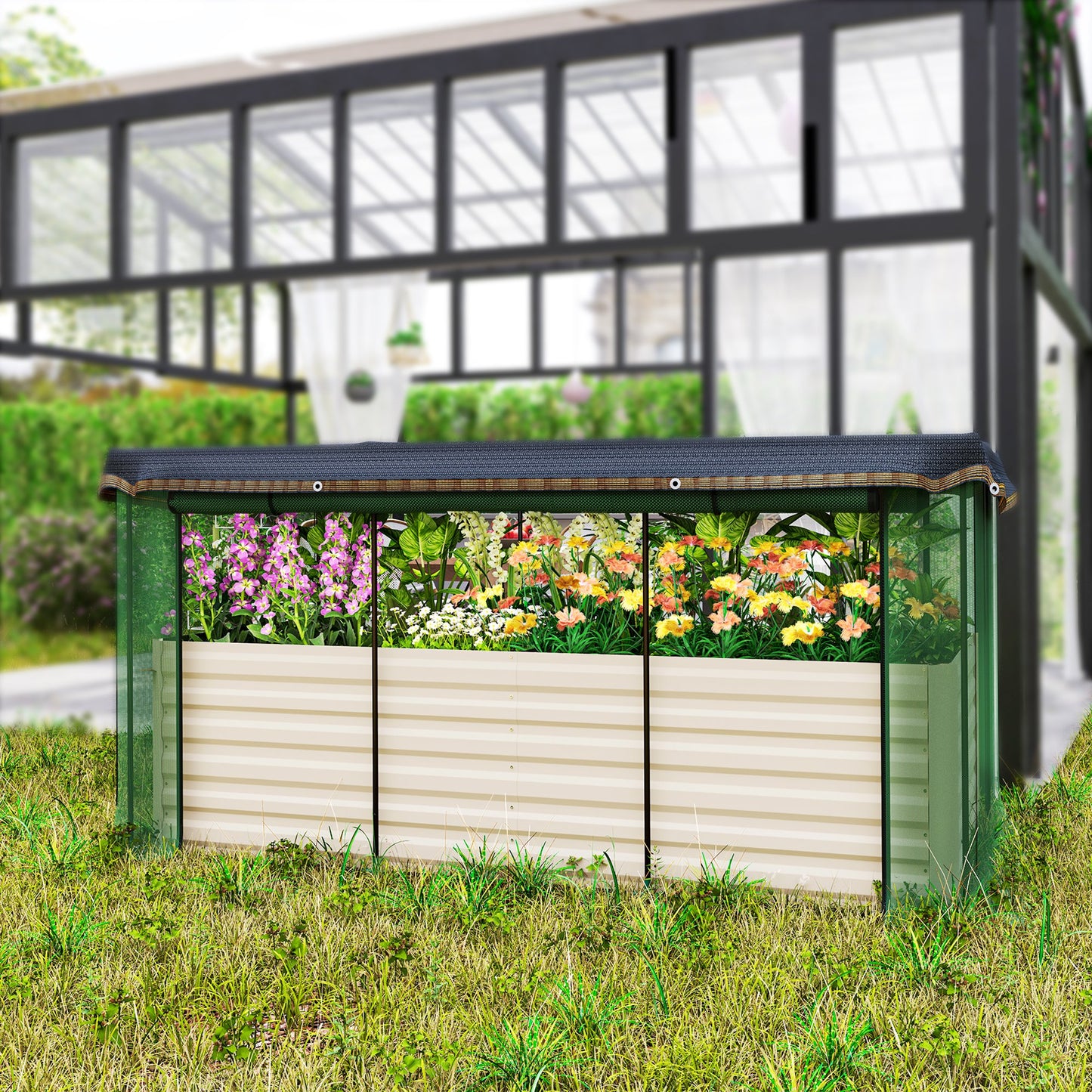 Galvanized Steel Planter Box with Crop Cage and Shade Cloth, Raised Garden Bed
