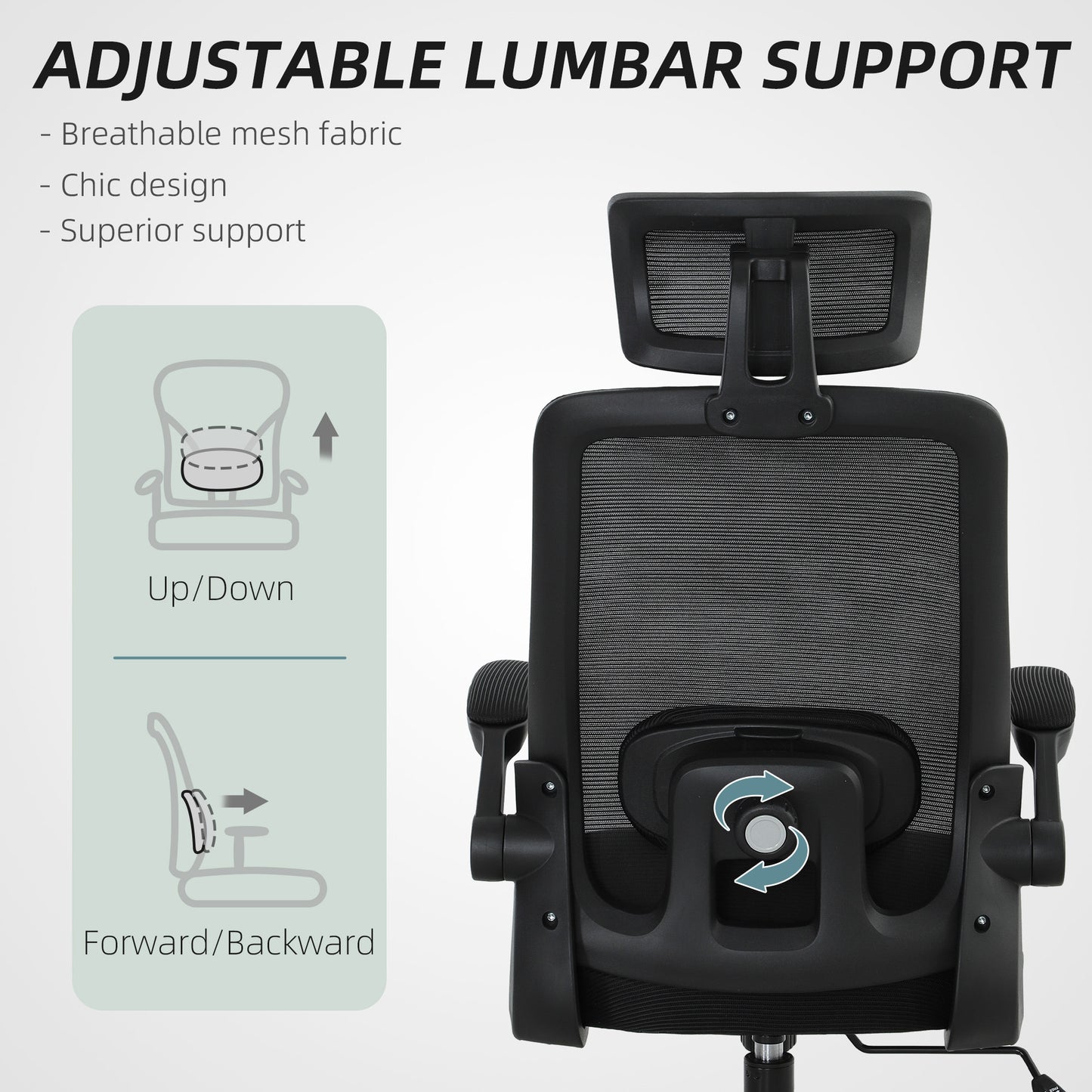 Mesh Office Chair, With Flip-up Armrest, Rotatable Headrest, Adjustable Lumbar Support