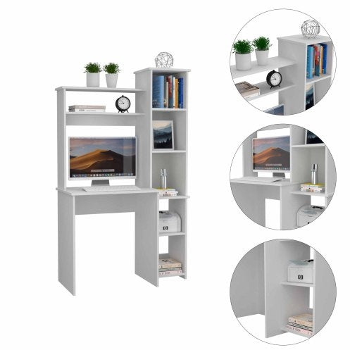 White 6-Shelf Writing Desk With Built-in Bookcase