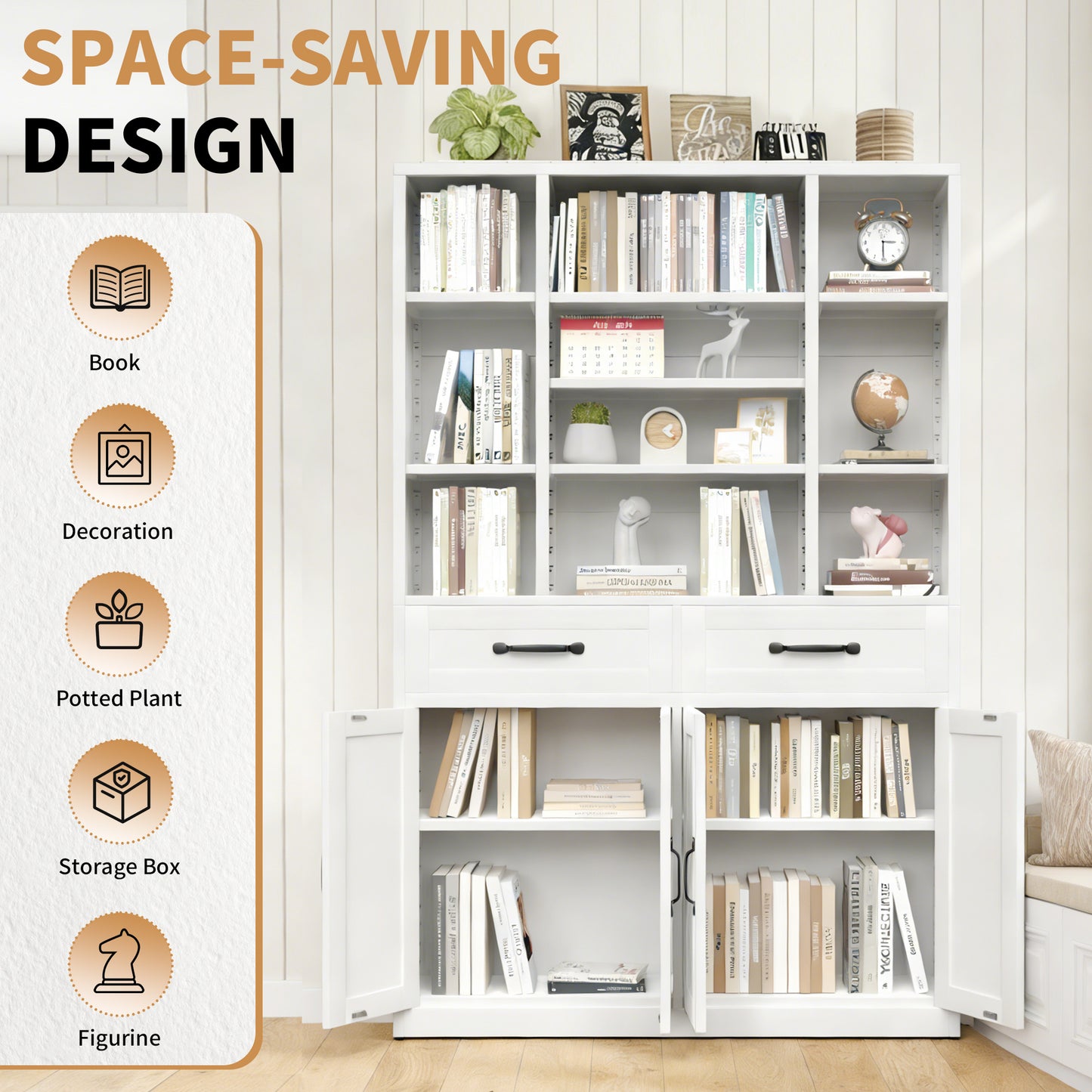 71  Tall Bookcase With Doors, Drawers & Adjustable Open Shelves,