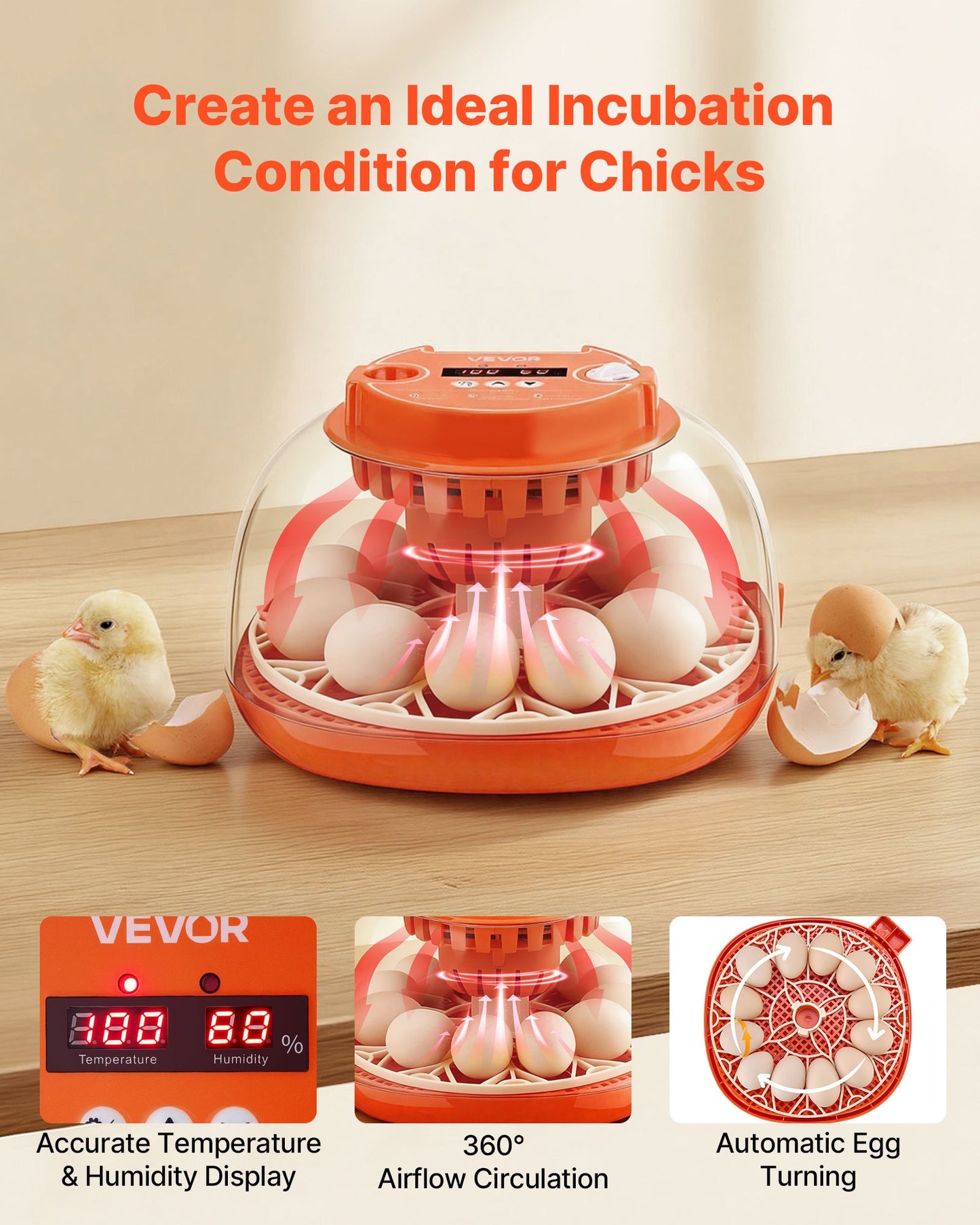 12 Egg Incubator, Automatic Egg Turner With LED Candler, Temperature & Humidity Control
