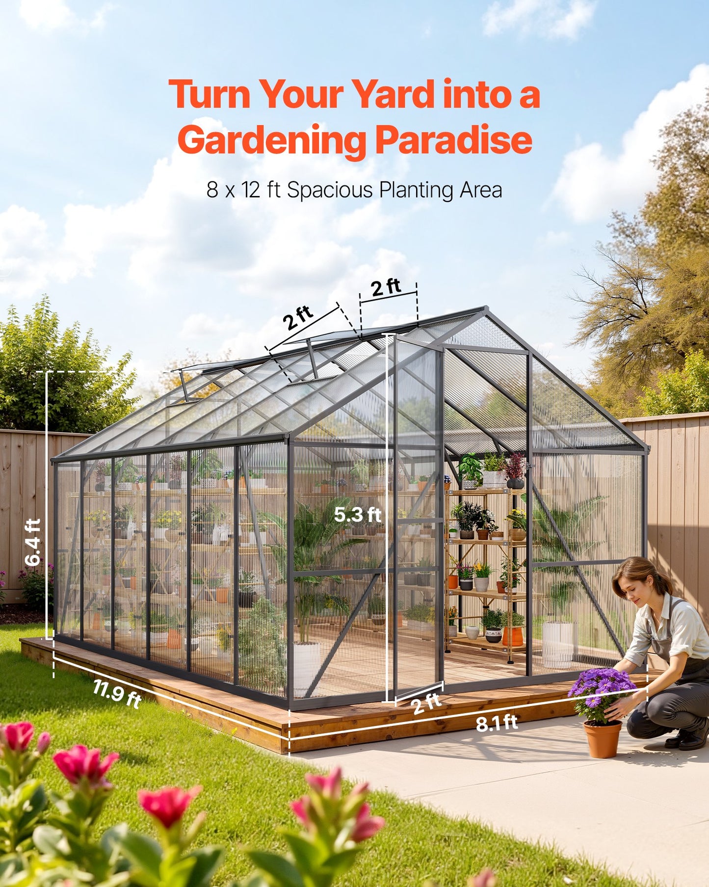 8 X 12 FT Polycarbonate Greenhouse, Heavy Duty Outdoor Green House With Adjustable Vent & Push-Pull Lockable Door
