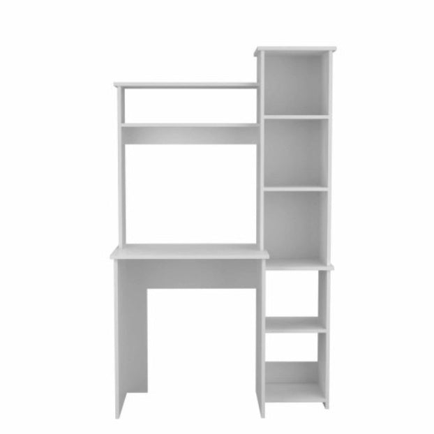 White 6-Shelf Writing Desk With Built-in Bookcase