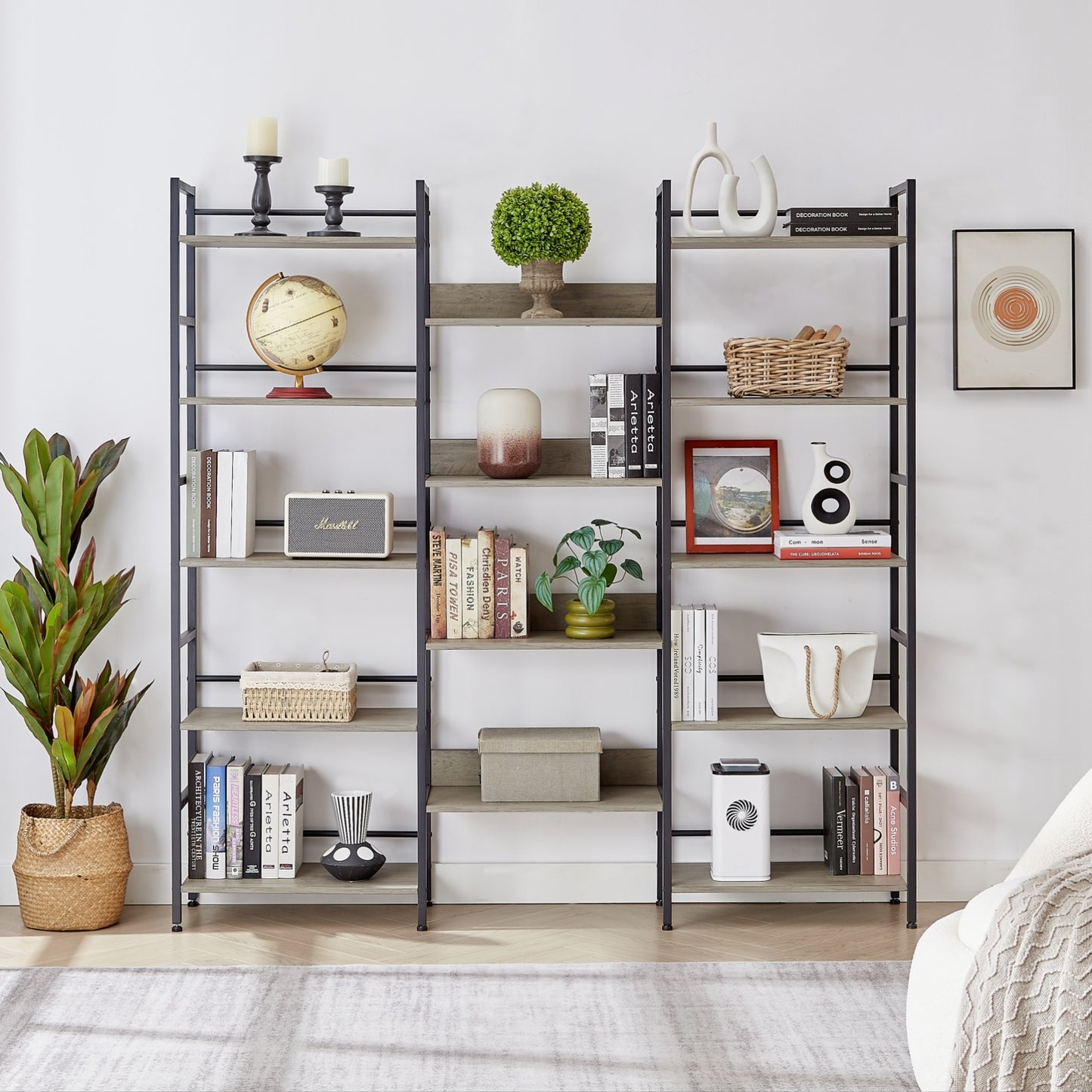 Triple Wide 5-Shelf Industrial Retro Bookshelves
