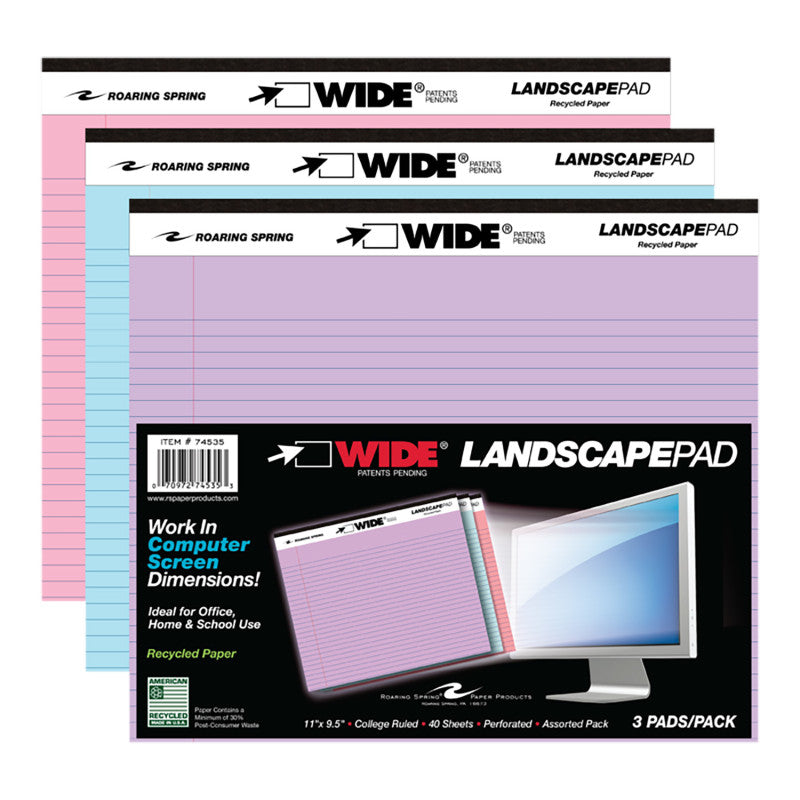 LEGAL PAD LANDSCAPE ASSORTED 3 PACK ORCHID BLUE AND PINK