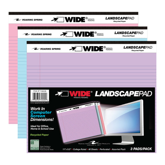 LEGAL PAD LANDSCAPE ASSORTED 3 PACK ORCHID BLUE AND PINK