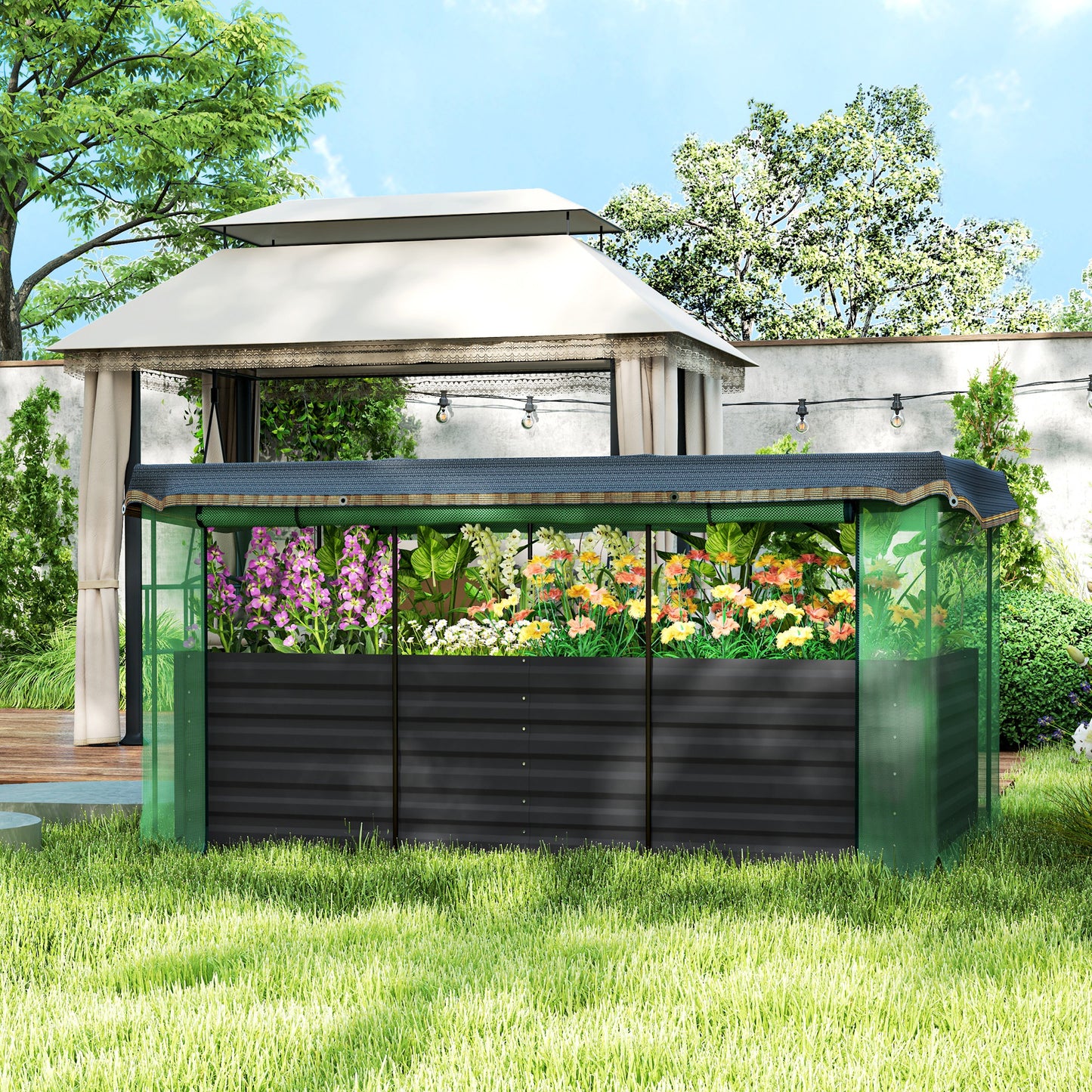 Galvanized Steel Planter Box with Crop Cage and Shade Cloth, Raised Garden Bed