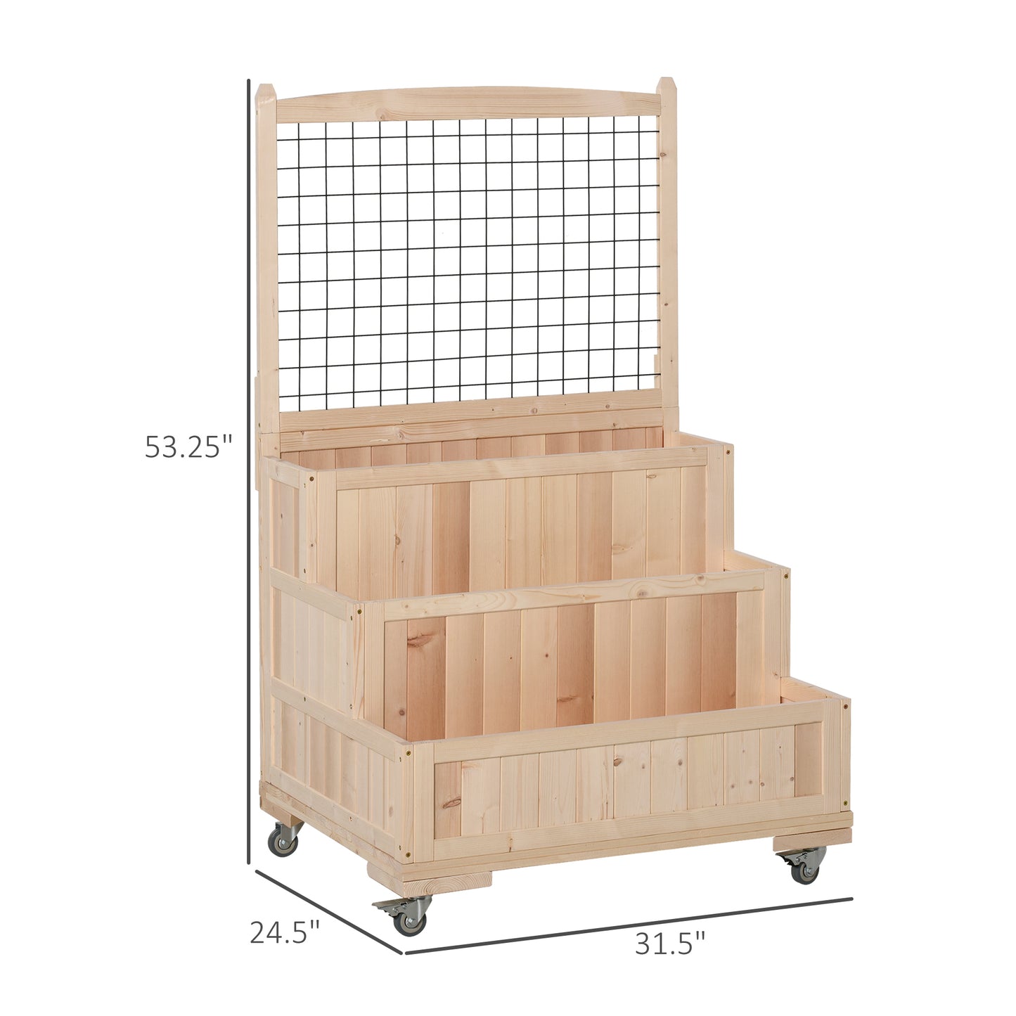 3-Tiers Raised Garden Bed with Trellis, 53" H Vertical Planter Box with Wheels & Back Storage Area